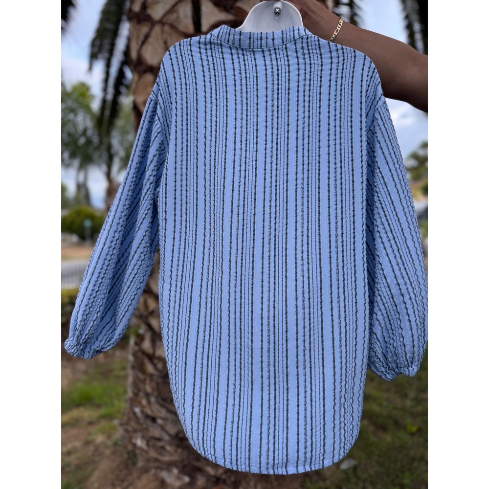 Free People Blue Striped Tunic Top XS Balloon Sleeve Boho VNeck Tie Front Blouse - Picture 4 of 12